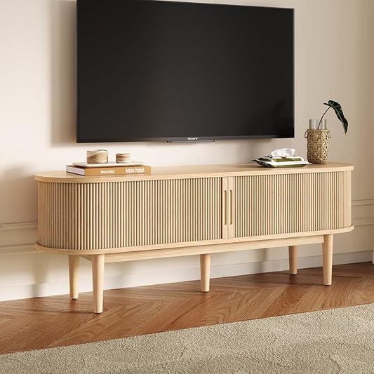 LINSY HOME 58" Fluted TV Stand for TVs up to 65 Inch, Mid Century Modern Entertainment Center with Storage Cabinet and Sliding Doors, Farmhouse Wood Media TV Console for Living Room, Bedroom, Oak