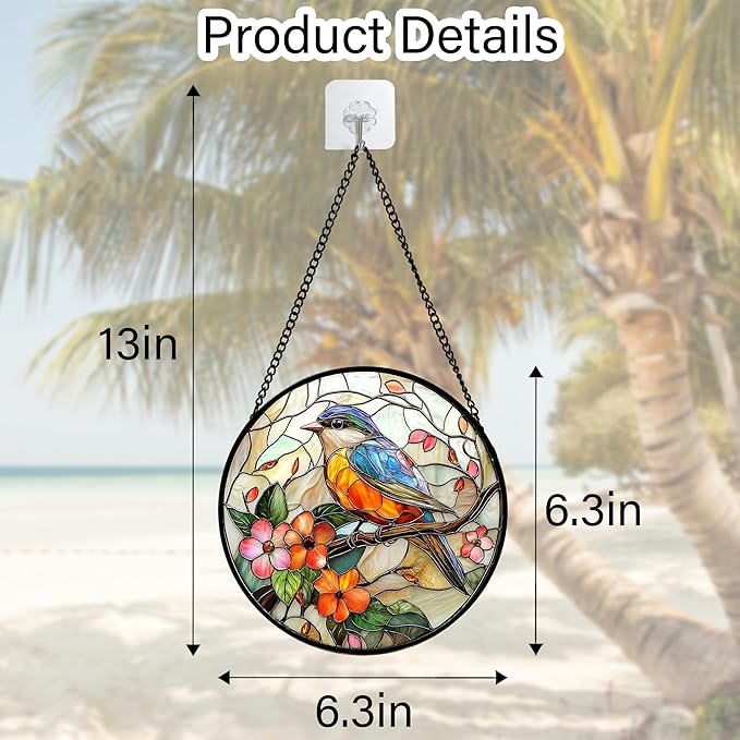 Stained Glass Window Hanging, Blue Bird Pink Flower Suncatcher Diamond Glass Panel Bird Sun Catchers Decor for Birthday for Women, Men, Wife, Aunt, and Mom 6.3 in