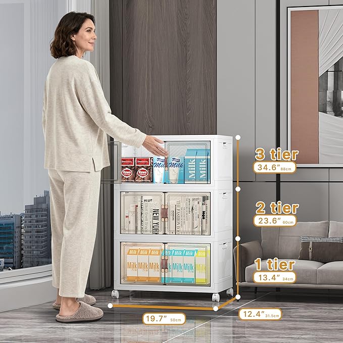 Extra Large Stackable Storage Bins with Lids & Wheels & Door, 156QT-52QT/13GAL*3Pack Foldable Collapsible Closet Organizers, Plastic containers drawers for bedroom Dorm