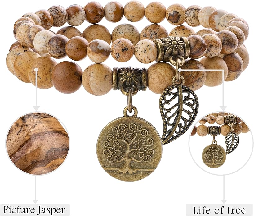 Bivei Natural Semi Precious Gemstone beads bracelet for women - Life Tree and Leaf Charm Energy Reiki Crystal Stretch Bracelets