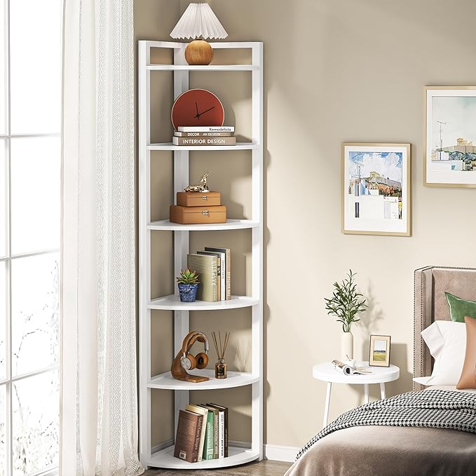 Tribesigns 6 Tier Corner Shelf, 70.9 Inch Tall Corner Bookshelf Small Bookcase Modern Corner Shelving Unit Storage Rack for Living Room, Home Office, Kitchen, Small Space (White)
