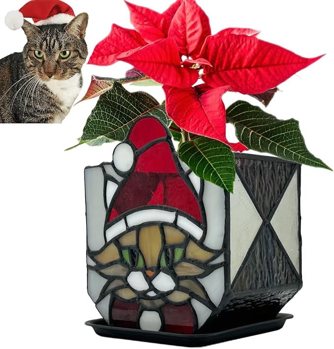 Stained Glass Christmas Cat Planter，Cute Planters for Indoor Plants,Decorative Plant Pots,Christmas Candle Holder,Plant Lady Gifts