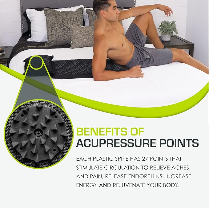 ProsourceFit Ki Acupressure Mat and Pillow Set with 100% Natural Linen for Back/Neck Pain Relief and Muscle Relaxation, Black Pearl