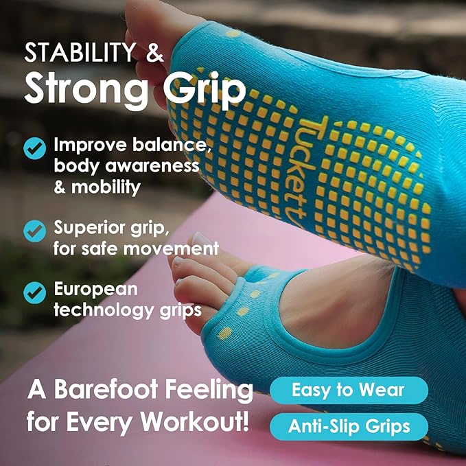 Tucketts Toeless Pilates Socks with Grips for Women, Non-Slip Yoga & Barre Socks for Stability & Barefoot Workouts, Size 6-13