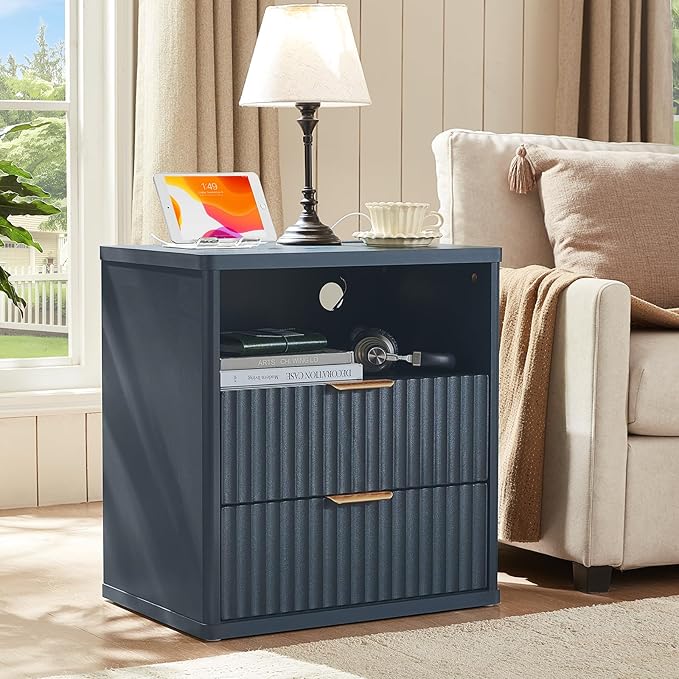 LEYAOYAO Fluted Farmhouse Nightstand Set of 2 with Charging Station, 23" Wide 2 & 3 Drawers Large End Table with Metal Handle, Navy Blue Night Stand Bedside Table, Wood Dresser for Bedroom,Closet