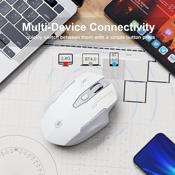 Wireless Bluetooth Mouse,[Upgraded] Rechargeable Computer Mice (BT 5.0/4.0+2.4G Hz) with Visible Battery Level, 4 Adiustable DPl, Portable PC Mouse for MacBook Chromebook