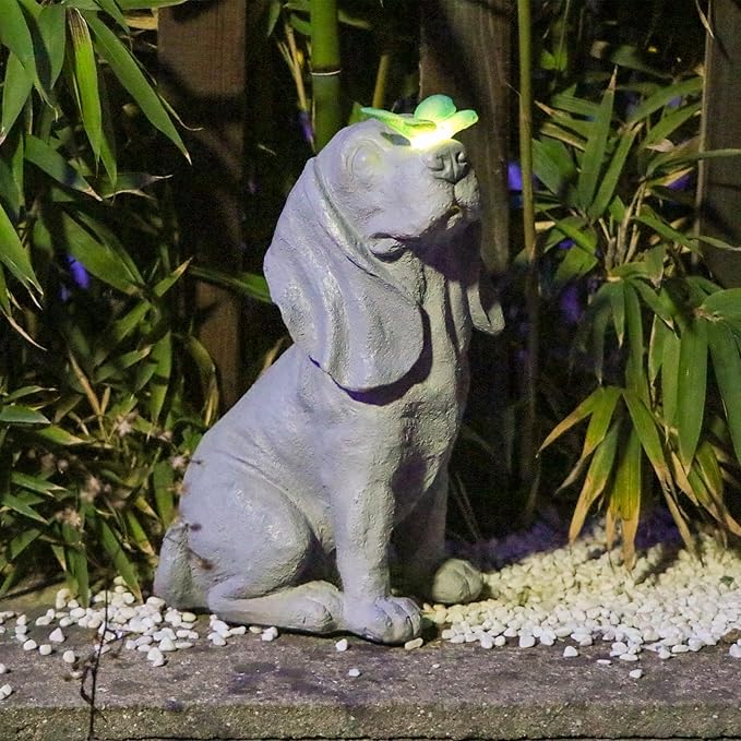 Garden Statue Dog Figurines - Outdoor Dog Statue with Solar Butterfly Lights for Patio Yard Art Decor Balcony Lawn Ornament. Ideal Housewarming Gardening Gifts for Dad Mom