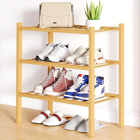 Smiry Shoe Rack, 3 Tier Small Bamboo Shoe Organizer, Stackable Free Standing Wooden Shoe Storage Shelf for Closet, Entryway, Front Door Entrance, Natural