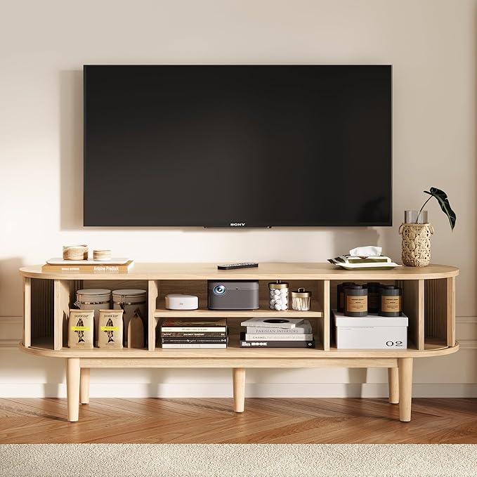 LINSY HOME 58" Fluted TV Stand for TVs up to 65 Inch, Mid Century Modern Entertainment Center with Storage Cabinet and Sliding Doors, Farmhouse Wood Media TV Console for Living Room, Bedroom, Oak