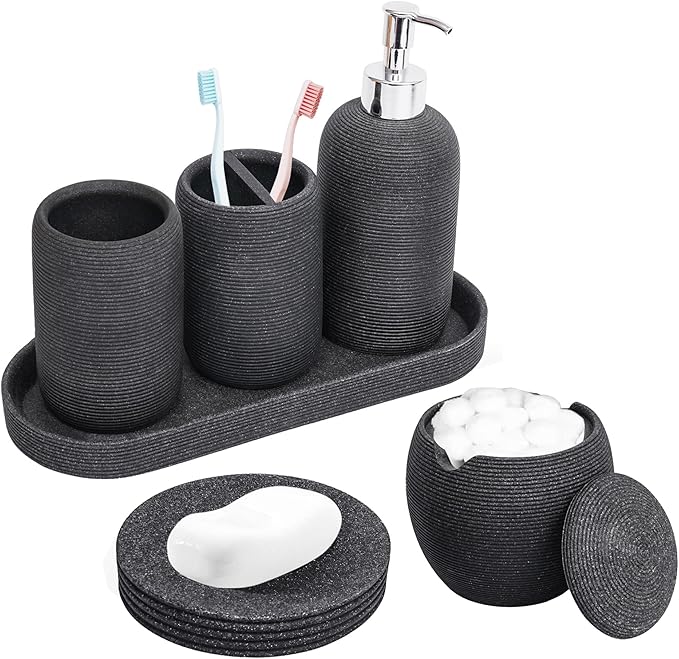 Resin Bathroom Accessory Set - 6PCS Bathroom Accessories Set, Bath Vanity Countertop Accessories with Soap Dish, Lotion Dispenser, Toothbrush Holder, Toothbrush Cup, Vantiy Tray, Qtip Holder (Black)