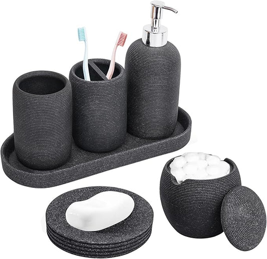 Resin Bathroom Accessory Set - 6PCS Bathroom Accessories Set, Bath Vanity Countertop Accessories with Soap Dish, Lotion Dispenser, Toothbrush Holder, Toothbrush Cup, Vantiy Tray, Qtip Holder (Black)