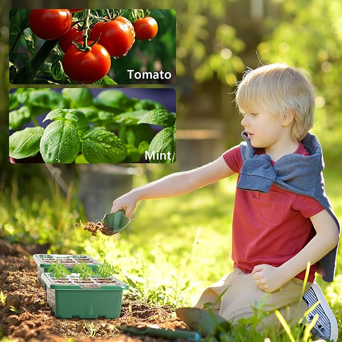 Bonviee 10 Packs Seed Starter Tray with Elevated Lid, 120 Cells Thicken Seed Starting Trays Kit with Adjustable Humidity Vent, Clear Cell Tray and Heightened Lids for Greenhouse & Gardens, Green