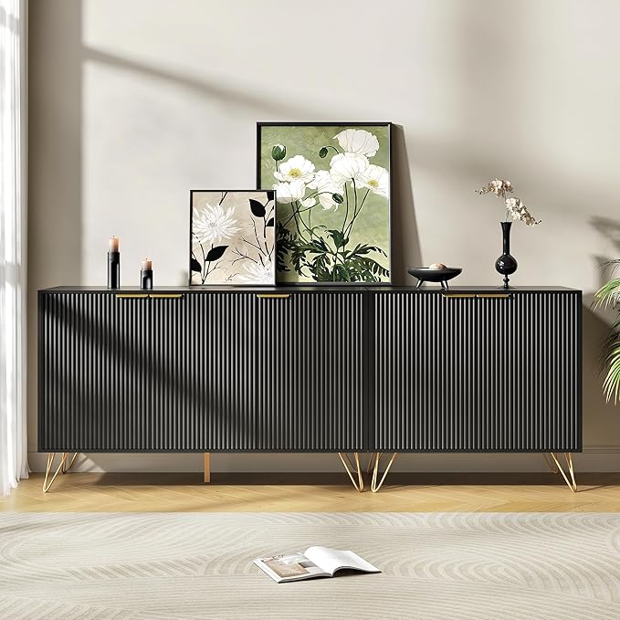 TV Stand for 75 inch TV Modern Entertainment Center Cabinet with 5 Doors Wood Media Console Storage Cabinets for Living Room Bedroom, Black