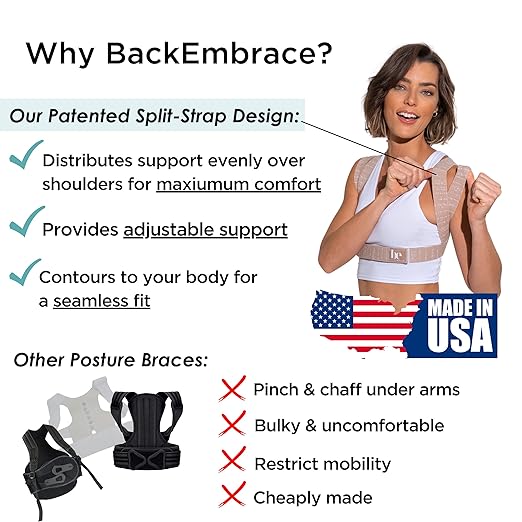 BackEmbrace Posture Corrector for Women and Men - Made in USA - Slim and Adjustable Shoulder Brace - Back Brace for Back Pain Relief - Sand Drizzle XL