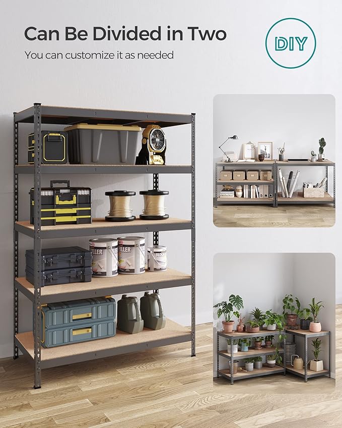 SONGMICS 5-Tier Storage Shelves, Load 2310 lb, Set of 2 Garage Storage, Boltless Assembly, Adjustable Shelving Unit, 23.6 x 47.2 x 70.9 Inches, for Study Shed Basement, Gray UGLR600G02