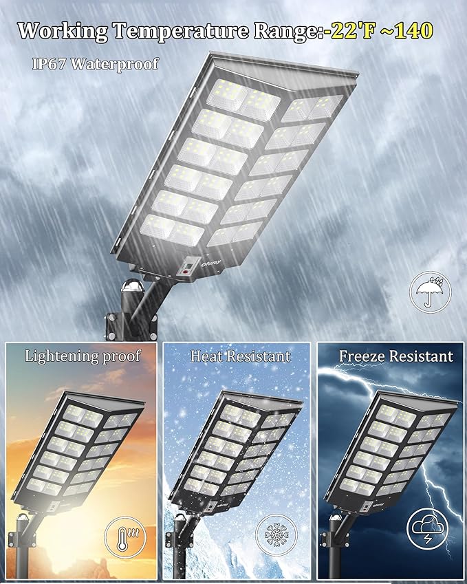 Ofuray Of-9800W Solar Street Lights Outdoor,Solar Security Flood Lights Parking Lot Lights Commercial Dusk to Dawn, 6500k Waterproof Led with Remote Control Motion for Street,Court,Barn