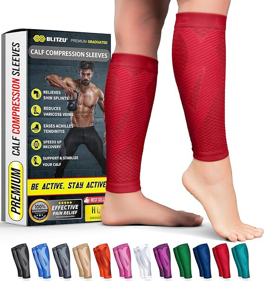 BLITZU Calf Compression Sleeve for Men & Women Footless Compression Socks Support Runners Leg Sleeve Shin Splints Pain Relief