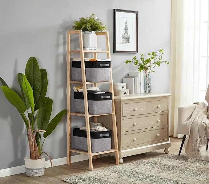 DECOMOMO Storage Baskets for Shelves - Fabric Storage Bins, Linen Closet Organizers and Storage (Grey & Black, Large - 3 Pack)