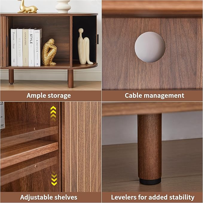 70-Inch Mid Century Modern TV Stand, Curved Entertainment Center with Fluted Sliding Doors, Storage Cabinet for TVs up to 75 Inch, Media Console for Living Room, Bedroom,Walnut