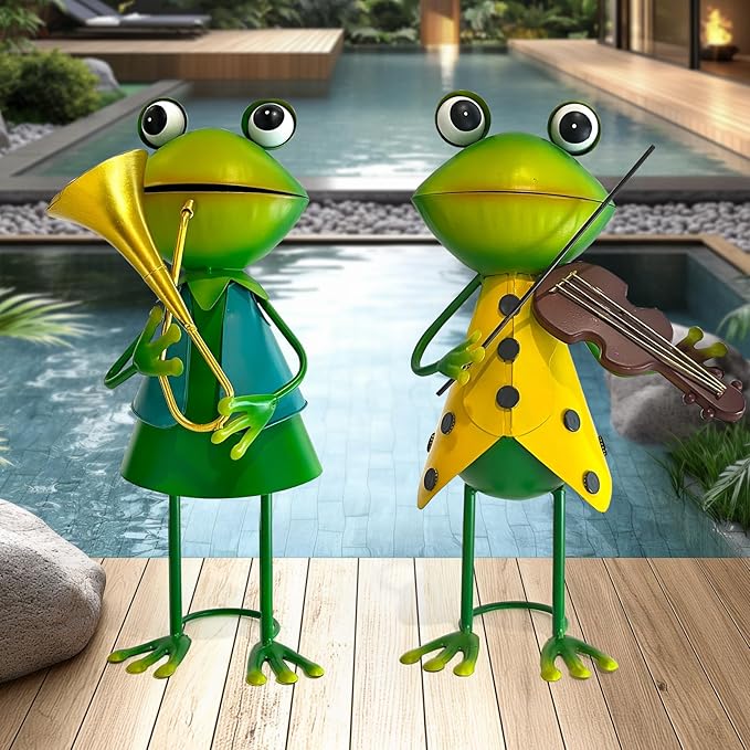 HONGLAND Frog Metal Yard Art - 3D Frog Outdoor Statue - Cute Metal Figurine - Christmas Holiday Lawn Patio Yard Garden Decor Gardening Gifts for Women (Violin)