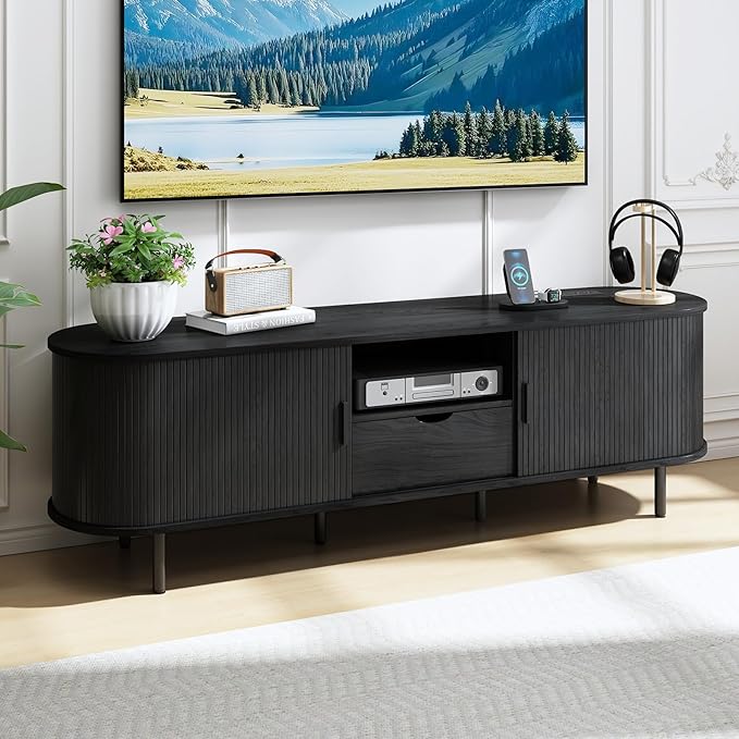 69" Mid-Century TV Stand with Power Outlet, Fluted Entertainment Center with Storage Drawer, TV Console with Sliding Door and Adjustable Shelves, TV Stand up to 80" for Living Room, Bedroom, Black