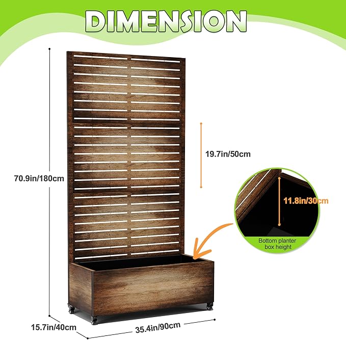 15.7"×70.9"×35.4" Metal Raised Garden Bed with Trellis and Wheels - Tall Trellis Planter Box for Climbing Plants, Vegetables & Vines - Outdoor Privacy Planters for Patio (Vintage Wood Grain)