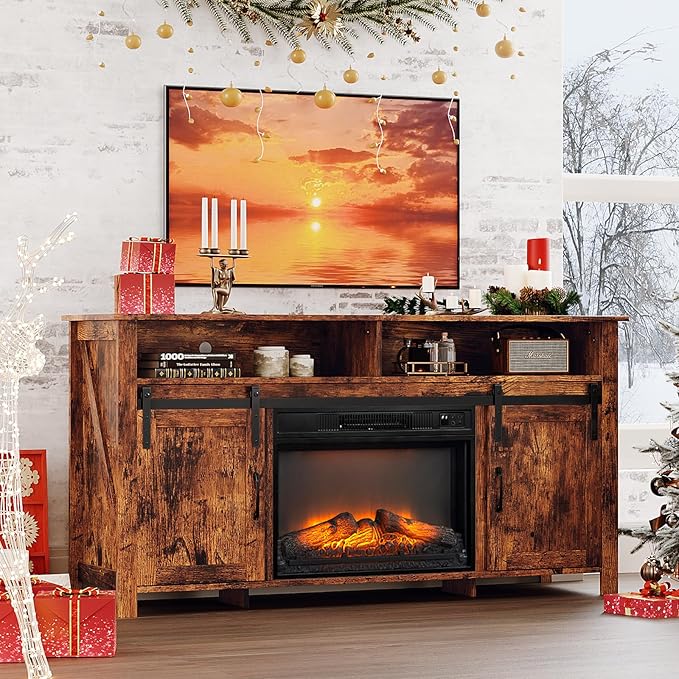 VINGLI Fireplace TV Stand with Sliding Barn Door for 70 Inch TV, Farmhouse Entertainment Center with 23" Fireplace, Media Console Table with Storage Cabinets for Living Room, Rustic Brown