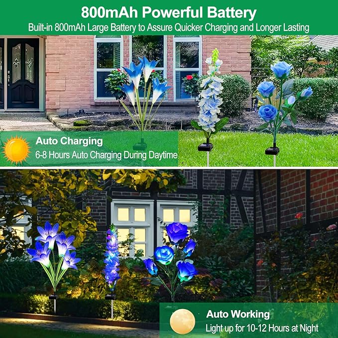 Solar Garden Lights Waterproof, 3 Pack Solar Flowers Lights Includes Lily Rose Delphinium, Gardening Gifts for Mom Grandma Women,7-Color Changing Outdoor Decor for Garden Yard Patio Lawn