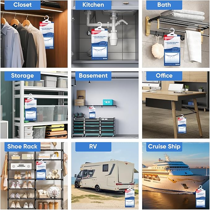 24 Pack Moisture Absorbers for Closet, 9.8OZ Hanging Closet Dehumidifier Bags, Hanging Humidity Absorber in Wardrobes, Kitchens and Bathrooms, Fragrance Free Portable Moisture bags