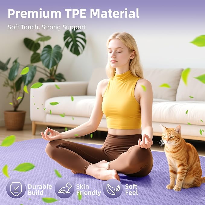 Thick TPE Yoga Mat 72"x48" - 6/8/10/12mm Extra Cushion for Joint Support & Comfort, Non-Slip Texture, Durable & Waterproof, Includes Bag, Strap & Towel for Home Workout, Pilates & Yoga