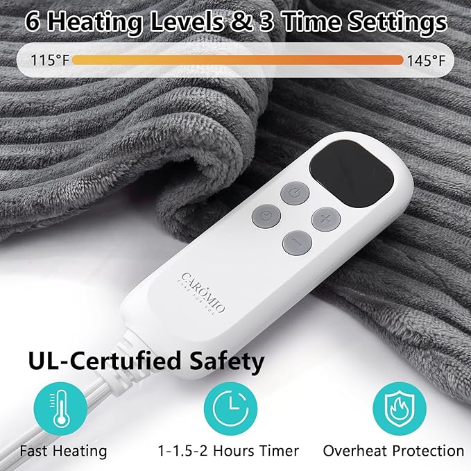 CAROMIO Heating Pad for Back Pain Relief, Neck and Shoulders Electric Heating Pads Large Size, Full Body Back Heat Pad with Auto Shut Off, Fast Heating and 6 Heat Settings (Grey, 33"x24")