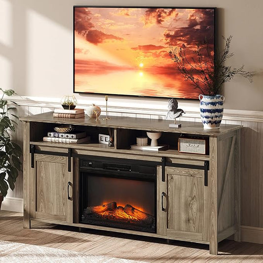 VINGLI Fireplace TV Stand with Sliding Barn Door for 70 Inch TV, Farmhouse Entertainment Center with 23" Fireplace, Fireplace Media Console Table with Storage Cabinets for Living Room, Gray Oak