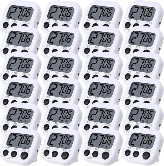 Leumoi 24 Pcs Digital Kitchen Timers Magnetic Back Timers Bulk Large Screen Loud Alarm On/Off Switch Minute Second Count up Countdown Memory Setting for Cooking Classroom Exercise (White and Black)