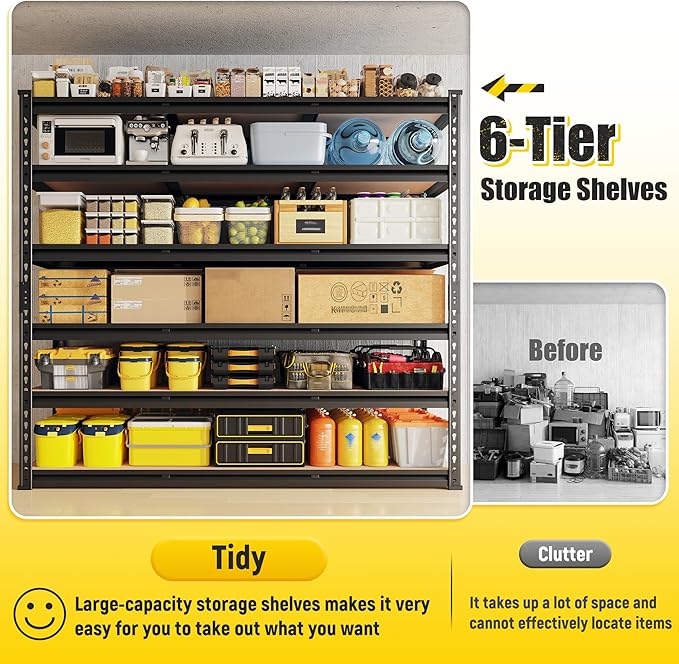 REIBII 6-Tier Garage Shelving, 84" H Storage Shelves Load 3300LB, Adjustable Metal Shelving, Large-Capacity Garage Shelves for Basement, Warehouse, 48.2" W X 84" H X 24" D, Black