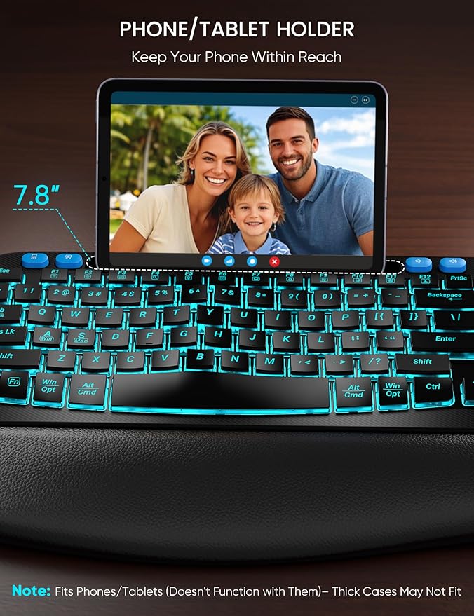 SABLUTE Wireless Keyboard and Mouse Combo - Ergonomic Wave Keyboard with Soft Leather Wrist Rest, Phone Holder, Rechargeable, RGB Backlit Mouse, Full-Size Set for Windows/Mac/Computer (Black Blue)