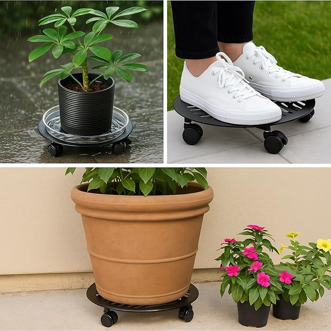 1 Packs Large Metal Plant Caddy with PU Wheels 13.6" Heavy-Duty Wrought Iron Rolling Plant Stands Indoor Outdoor Wheeled Plant Dolly Planter Mover Rollers Plant, Leaf Style
