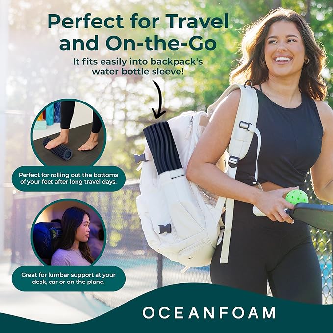 Oceanfoam Ripple Travel Foam Roller (11" x 3.35") Firm Mini Foam Roller for Physical Therapy, Deep Tissue Massage, Back Pain, High Density, Ergonomic Wave Textured, Yoga, Pilates, Exercise (Dark Navy)