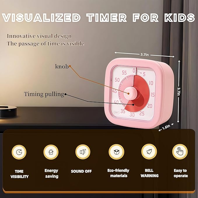 Visual Timer for Kids Timer Home - 60 Minute Kids Visual Timer for Classroom Home Office, Countdown Clock for Teaching Work Meeting, Pomodoro Timer for Time Management (Sakura Pink)