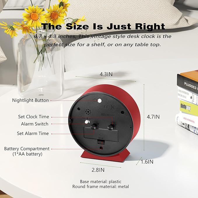 AYRELY® 4.5" Analog Alarm Clock,Small Retro Desk Clock Battery Operated,Slient Metal Table Clock with Light for Living Room Decor,Bedroom,Bedside,Shelf (red)