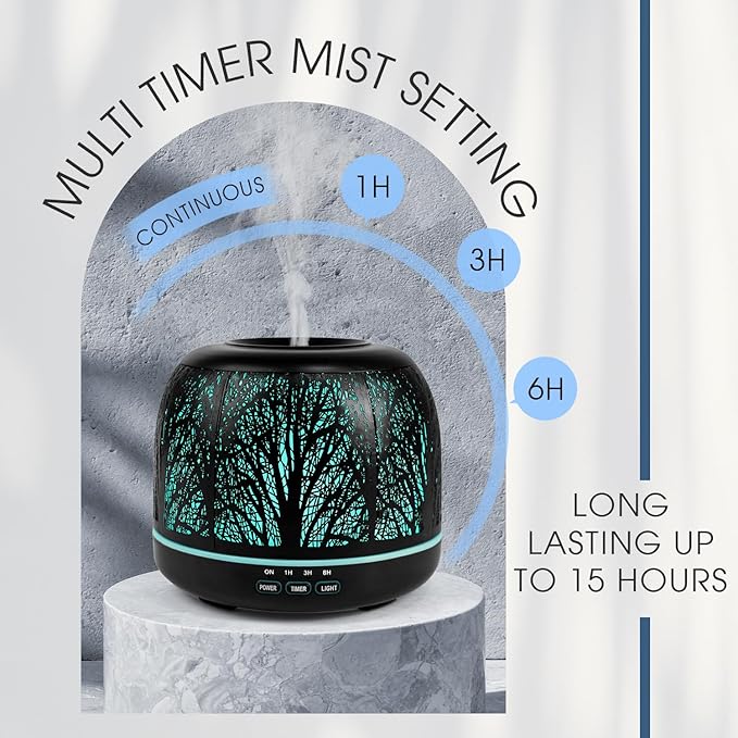 500ml Essential Oil Diffuser, ARVIDSSON Metal Diffusers for Essential Oils, Aromatherapy Diffuser for Large Room, Color Mood Light & Mist Timer Setting, Gift for Women - Black Tree