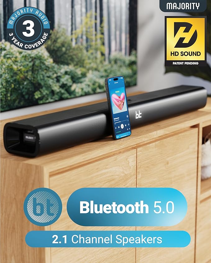 Majority 140W Bluetooth Sound Bar for Smart TV | 31" 2.1 Wireless Soundbar for TV with 3D Sound | TV Speakers Sound Bar with Built in Subwoofer | HDMI, AUX, Optical Compatible Mini Soundbar Naga 80