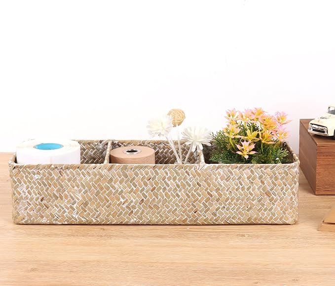 Shelf Baskets with Dividers, Seagrass Storage Baskets Rectangular Wicker Woven Back of Toilet Basket for Home Organizer