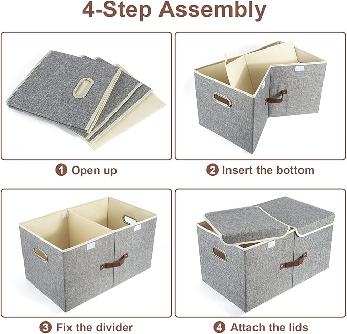 TYEERS Extra Large Collapsible Storage Bins with Lids and Compartments, Organizing Bins for Closet Storage, Clothes Storage, Cube Organizer for Home Office Storage - 3 Pack - Gray