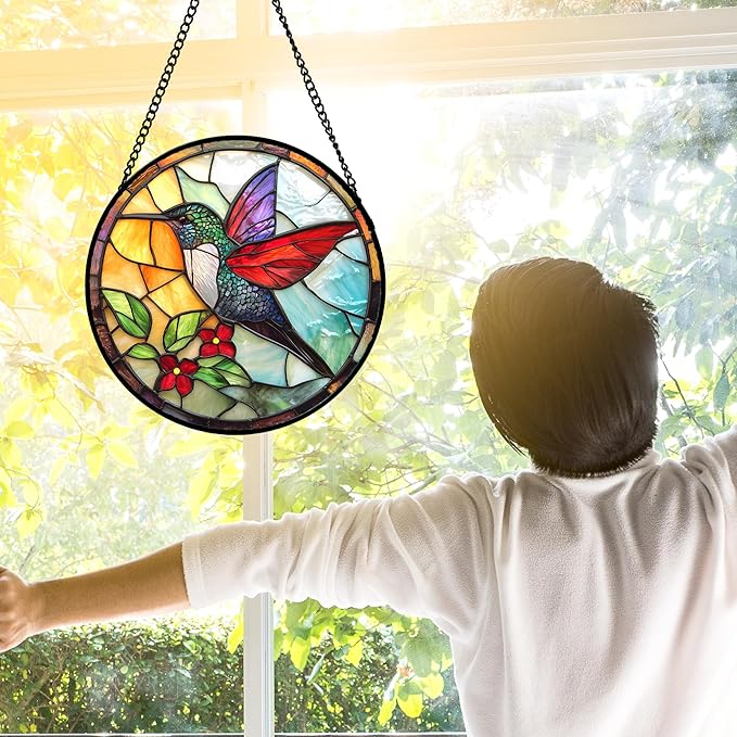 Stained Glass Window Hanging, Hummingbird Gifts Sun Catchers Diamond Glass Panel Hangings Birds Suncatcher Decor for Birthday for Women, Men, Wife, Aunt, and Mom 9.8X9.8IN