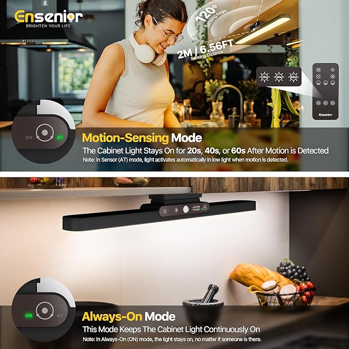 Ensenior Light Bar, 14 inch Rechargeable Under Cabinet Motion Sensor Lighting with Stepless Dimming Magnetic 3CCT Remote 2000mAh, Motion Sensor Light Indoor for Kitchen, Vanity Mirror, Closet, 2 Pack