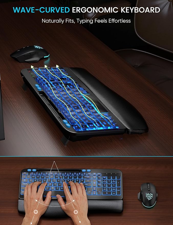 SABLUTE Wireless Keyboard and Mouse Combo - Ergonomic Wave Keyboard with Soft Leather Wrist Rest, Phone Holder, Rechargeable, RGB Backlit Mouse, Full-Size Set for Windows/Mac/Computer (Black Blue)