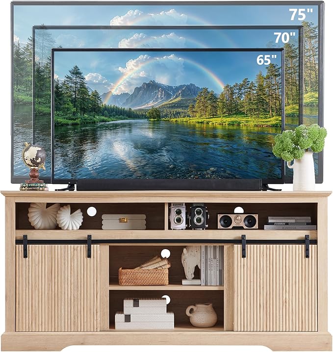 Fluted TV Stand for 75 Inch TVs, 32" Tall Modern Entertainment Center with Waveform Panel Sliding Door, Media Console Cabinet with Storage & Adjustable Shelf for Living Room, 66 inch (Natural)