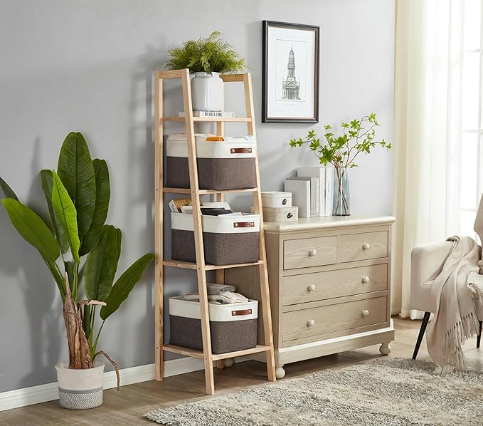 DECOMOMO Storage Baskets for Shelves - Fabric Storage Bins, Linen Closet Organizers and Storage (Brown & White, Large - 3 Pack)