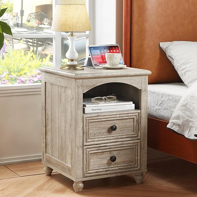 18" Farmhouse Night Stand Set of 2 with Charging Station, Gray Wood Nightstand with 2 Drawers, Bedside End Table with Shelf Storage, Bed Side Tables for Bedroom, Living Room, and Closet