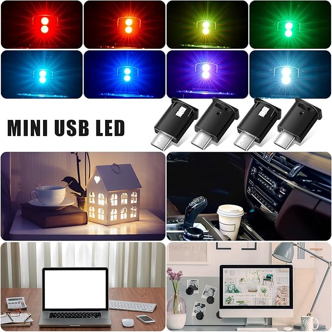 Frienda 4 Pieces Mini USB LED Light, Car LED Interior Lighting 5v Smart USB Atmosphere Light, Laptop Keyboard Office Decoration Night Lamp, Adjustable Brightness, 8 Colors (Type C)